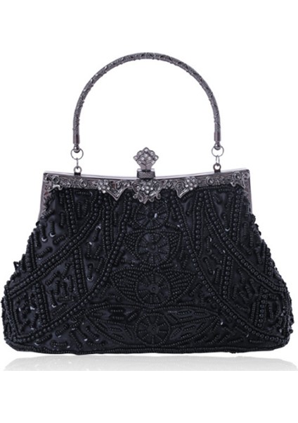 Kadınlar Için Vintage Boncuklu Debriyaj Akşam Çanta Resmi Gelin Düğün Çanta Balo Kokteyl Parti Çanta (Siyah) (Yurt Dışından)