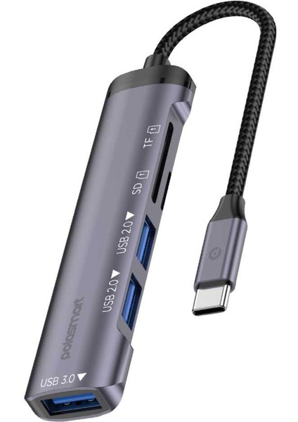 PGS407 Type-C Uyumlu 5 Çıkışlı Dönüştürücü Çoklayıcı USB 3.0 Hub Gri