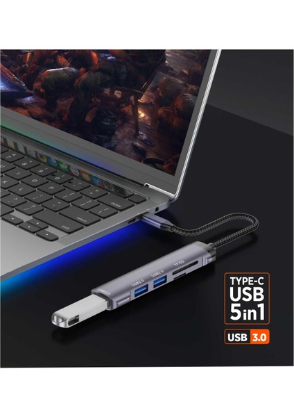 PGS407 Type-C Uyumlu 5 Çıkışlı Dönüştürücü Çoklayıcı USB 3.0 Hub Gri