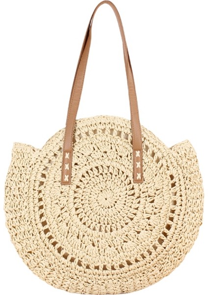 Moda Dokuma Çanta Kadın Yuvarlak Plaj Omuz Vintage Hasır Kadın Crossbody Kolu Çanta Çanta-Bej Beyaz (Yurt Dışından)