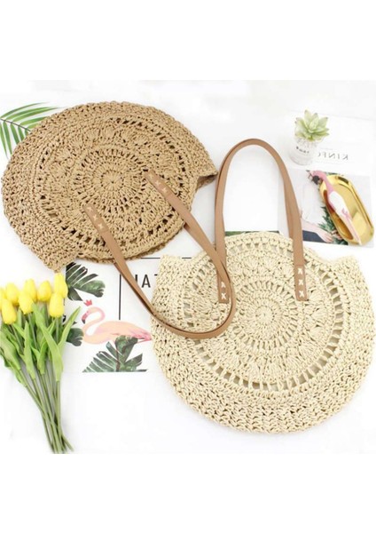 Moda Dokuma Çanta Kadın Yuvarlak Plaj Omuz Vintage Hasır Kadın Crossbody Kolu Çanta Çanta-Bej Beyaz (Yurt Dışından) fiyatları