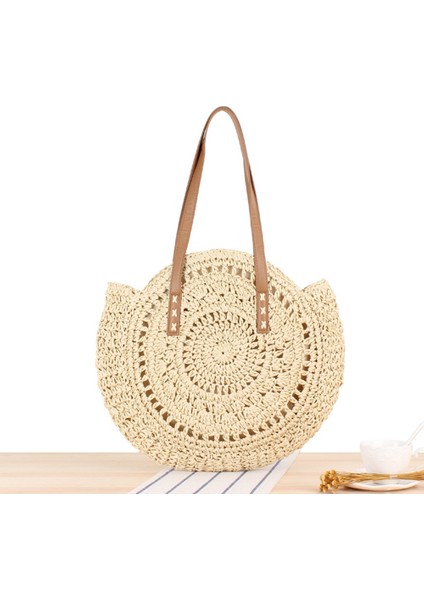 Moda Dokuma Çanta Kadın Yuvarlak Plaj Omuz Vintage Hasır Kadın Crossbody Kolu Çanta Çanta-Bej Beyaz (Yurt Dışından) modelleri