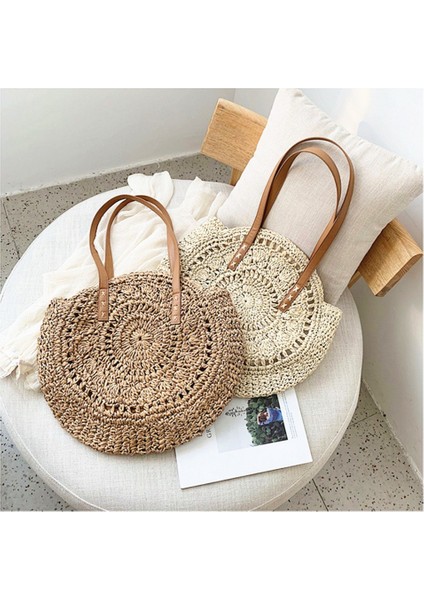 Moda Dokuma Çanta Kadın Yuvarlak Plaj Omuz Vintage Hasır Kadın Crossbody Kolu Çanta Çanta-Bej Beyaz (Yurt Dışından) fırsatları