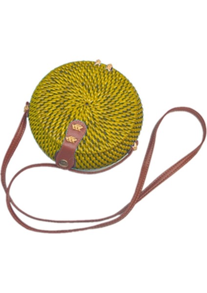 Dokuma Kamış Örgü Çanta Yuvarlak Saman Omuz Küçük Plaj Çantaları Kadın Yaz Hollow El Yapımı Messenger Crossbody Çanta Sarı (Yurt Dışından)