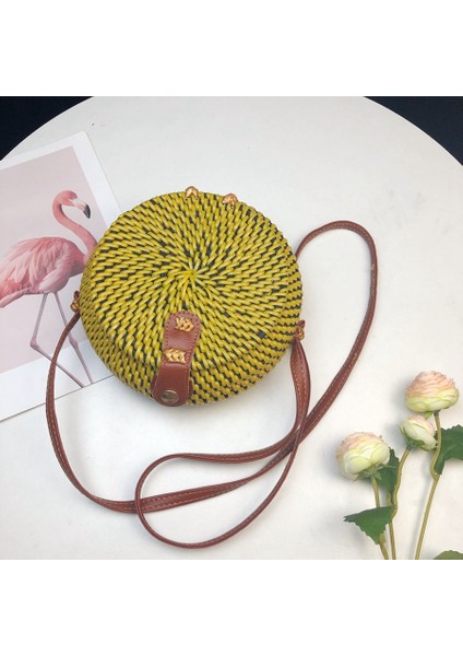 Dokuma Kamış Örgü Çanta Yuvarlak Saman Omuz Küçük Plaj Çantaları Kadın Yaz Hollow El Yapımı Messenger Crossbody Çanta Sarı (Yurt Dışından) modelleri