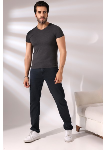 Pis Dikim V Yaka Penye Kompakt Likralı Basic Kısa Kol T-Shirt 19955 Koyu Antrasitmelanj