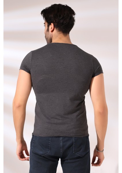 Pis Dikim V Yaka Penye Kompakt Likralı Basic Kısa Kol T-Shirt 19955 Koyu Antrasitmelanj