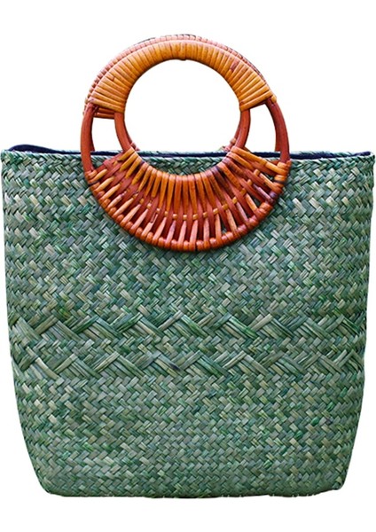 El Yapımı Dokuma Çanta Bayan Rattan Hasır Saplı Çanta Tatil Plaj Çantası(Yeşil) (Yurt Dışından)