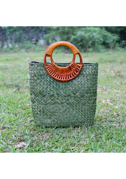 El Yapımı Dokuma Çanta Bayan Rattan Hasır Saplı Çanta Tatil Plaj Çantası(Yeşil) (Yurt Dışından) fiyatları
