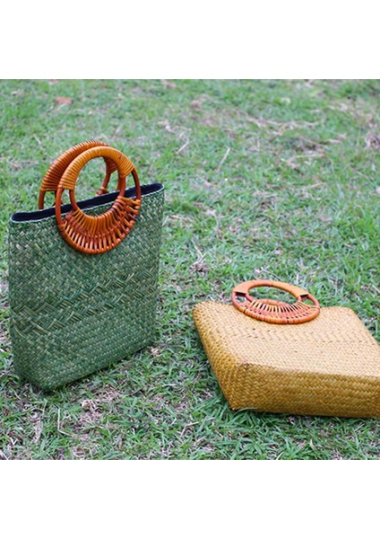El Yapımı Dokuma Çanta Bayan Rattan Hasır Saplı Çanta Tatil Plaj Çantası(Yeşil) (Yurt Dışından) modelleri