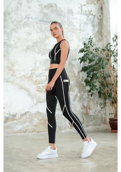 Dar Kesim Cepli Menton Siyah Yüksek Bel Spor Tayt modelleri