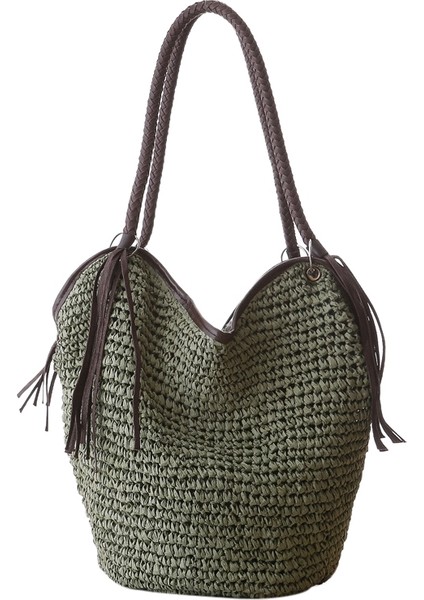 Kağıt Kadın Omuz Çantası Rahat Büyük Kapasiteli Rattan Bez Çantalar Hasır Dokuma Plaj Çanta Kadın Çantası (Yeşil) (Yurt Dışından)