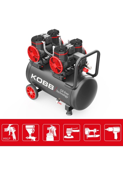 KBK50S2 4.0 Hp 50 Lt 8 Bar Çift Motorlu Yağsız Sessiz Taşınabilir Hava Kompresörü