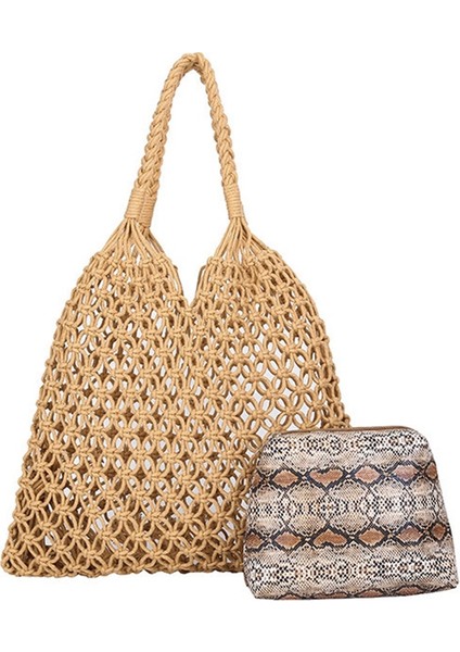 Moda Popüler Plaj Çantası Kadın El Yapımı Dokuma Kompozit Yeni Örgü Halat Dokuma Içi Boş Saman Alışveriş 2 Takım Kahverengi (Yurt Dışından) fiyatları