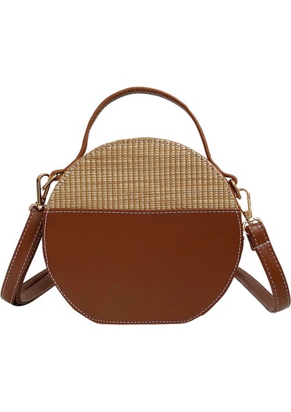 Yuvarlak Hasır Çanta Kadın Yaz Rattan Çanta El Yapımı Dokuma Plaj Vücut Daire Çanta (Kahverengi) (Yurt Dışından)