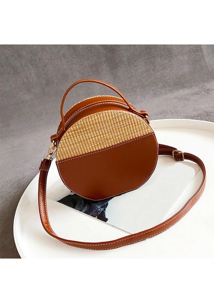 Yuvarlak Hasır Çanta Kadın Yaz Rattan Çanta El Yapımı Dokuma Plaj Vücut Daire Çanta (Kahverengi) (Yurt Dışından) fiyatları