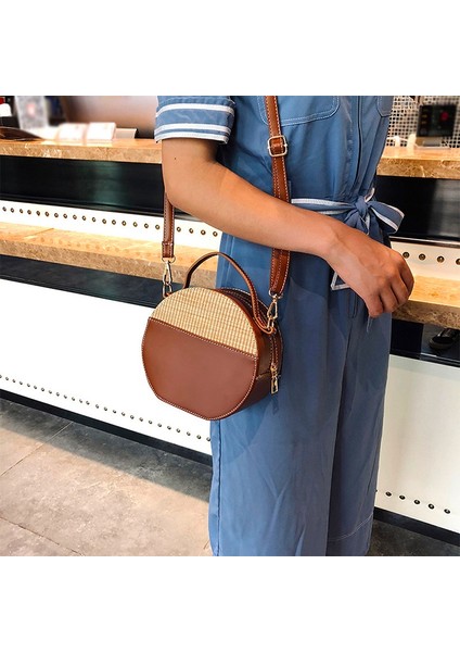 Yuvarlak Hasır Çanta Kadın Yaz Rattan Çanta El Yapımı Dokuma Plaj Vücut Daire Çanta (Kahverengi) (Yurt Dışından) modelleri