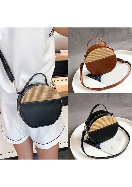 Yuvarlak Hasır Çanta Kadın Yaz Rattan Çanta El Yapımı Dokuma Plaj Vücut Daire Çanta (Kahverengi) (Yurt Dışından) fırsatları