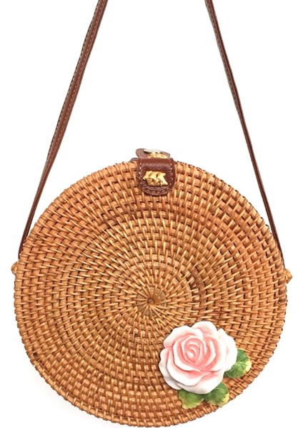 Rattan Dokuma Omuz Çantası Şakayık Çiçek Bohem Plaj Yuvarlak Saman El Çantaları Çanta Kadın Messenger Crossbody Çanta (Yurt Dışından)