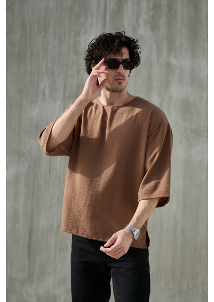 Erkek Kısa Fakir Kol Oversize T-Shirt Bisiklet Yaka