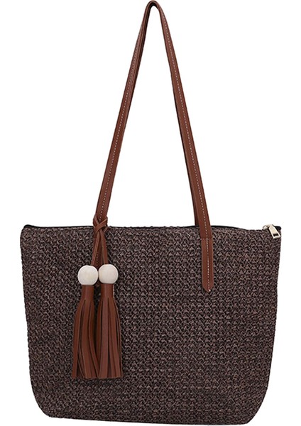 Hasır Çanta Kadın El Dokuma Yuvarlak Mısır Çanta Doğal Şık El Büyük Yaz Plaj Çantası Dokuma Kolu Omuz Çantası Koyu Kahverengi (Yurt Dışından)