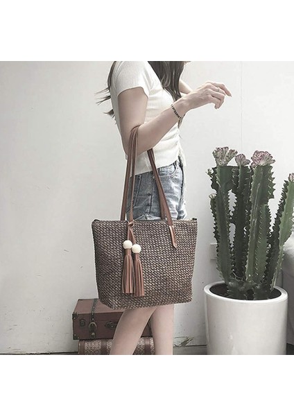 Hasır Çanta Kadın El Dokuma Yuvarlak Mısır Çanta Doğal Şık El Büyük Yaz Plaj Çantası Dokuma Kolu Omuz Çantası Koyu Kahverengi (Yurt Dışından) modelleri