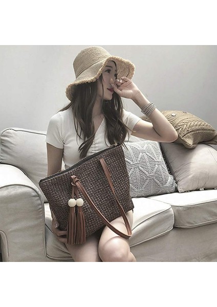 Hasır Çanta Kadın El Dokuma Yuvarlak Mısır Çanta Doğal Şık El Büyük Yaz Plaj Çantası Dokuma Kolu Omuz Çantası Koyu Kahverengi (Yurt Dışından) fırsatları