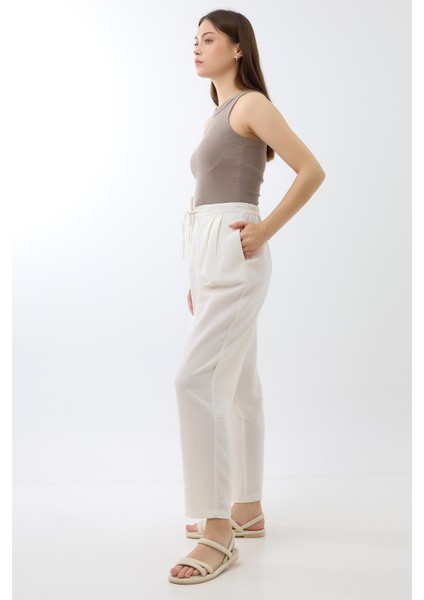 Keten Beli Lastikli Jogger Pantolon Beyaz fiyatları