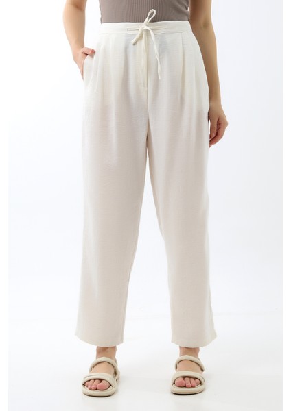 Keten Beli Lastikli Jogger Pantolon Beyaz modelleri
