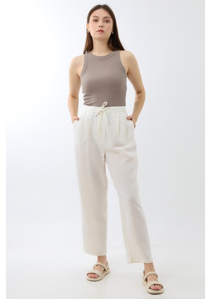 Keten Beli Lastikli Jogger Pantolon Beyaz fırsatları