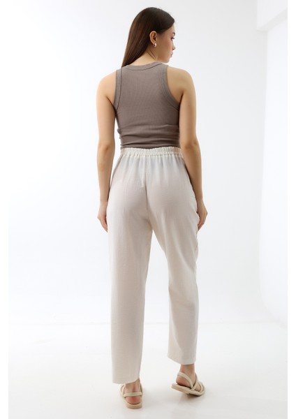Keten Beli Lastikli Jogger Pantolon Beyaz indirimleri