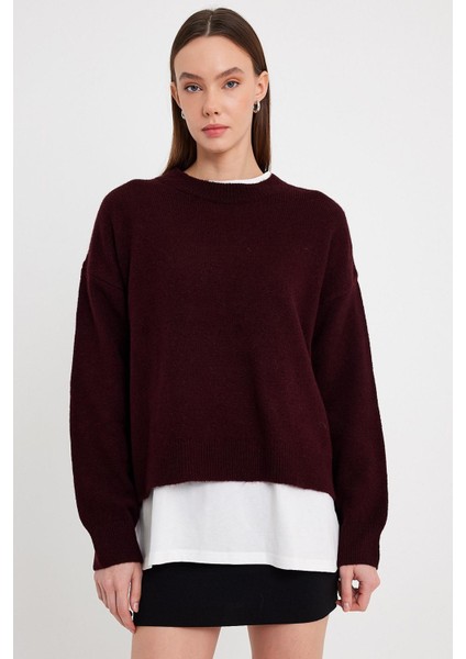 Bordo Bisiklet Yaka Basic Triko Kazak