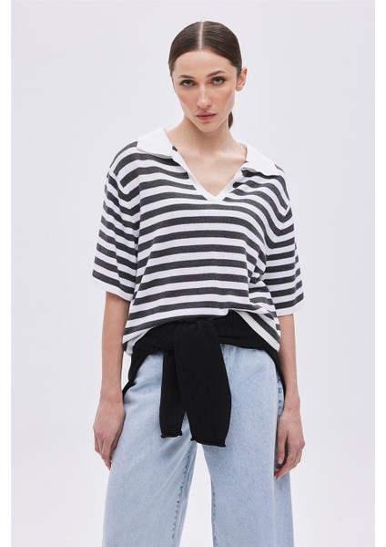 Ekru Açık Gri Polo Yaka Çizgili Kazak fiyatları