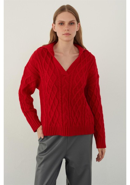 Kırmızı Polo Yaka Saç Örgülü Triko Kazak