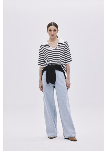 Ekru Açık Gri Polo Yaka Çizgili Kazak modelleri