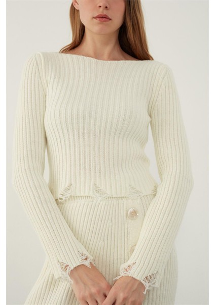 Ekru Yırtık Detaylı Örgü Triko Kazak modelleri