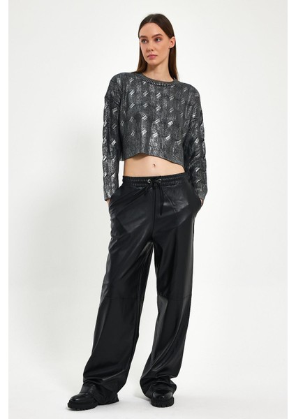 Antrasit Sim Baskılı Kısa Triko Kazak fiyatları