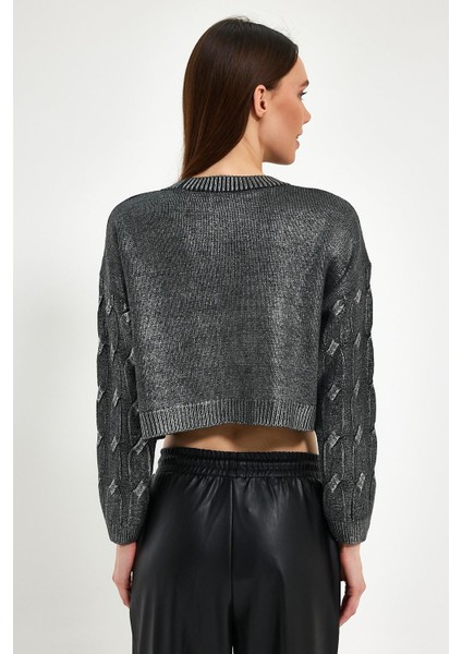 Antrasit Sim Baskılı Kısa Triko Kazak indirimleri