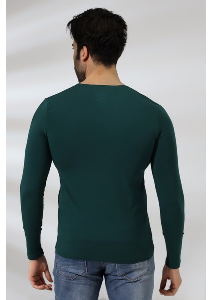 Compact Penye Likralı Slim Fit Uzun Kol V Yaka T-Shirt 19648 Koyu Yeşil