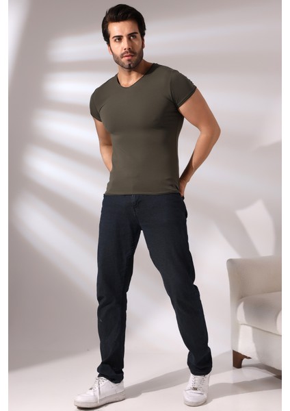 Pis Dikim V Yaka Penye Kompakt Likralı Basic Kısa Kol T-Shirt 19955 Haki