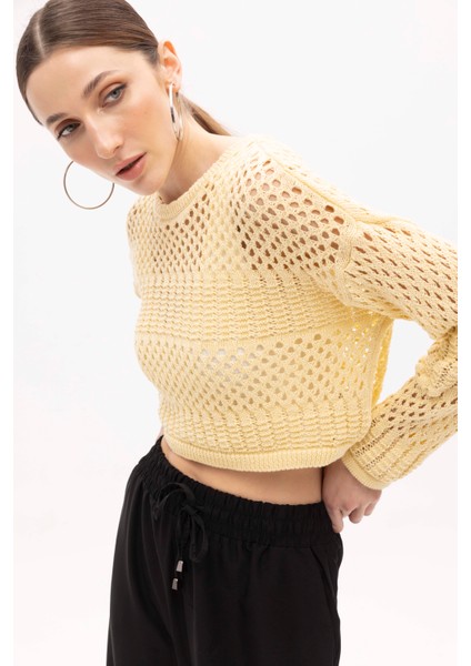 Sarı Ajurlu Triko Kazak