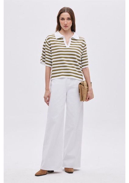 Ekru Haki Polo Yaka Çizgili Kazak fiyatları