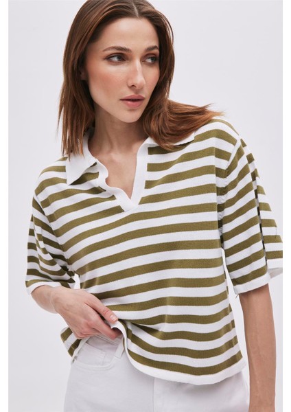 Ekru Haki Polo Yaka Çizgili Kazak fırsatları
