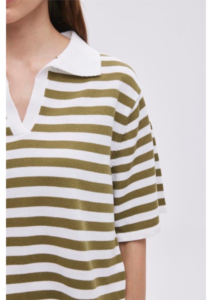 Ekru Haki Polo Yaka Çizgili Kazak indirimleri