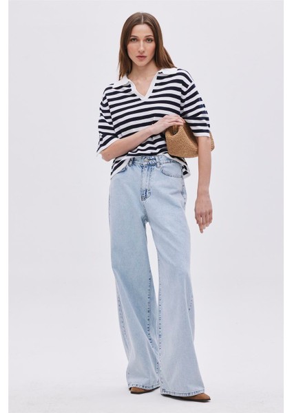 Ekru Lacivert Polo Yaka Çizgili Kazak fiyatları