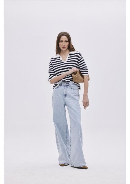 Ekru Lacivert Polo Yaka Çizgili Kazak modelleri