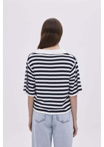 Ekru Lacivert Polo Yaka Çizgili Kazak indirimleri