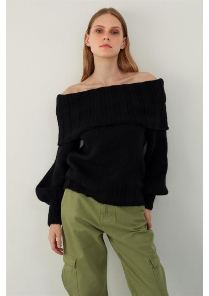 Siyah Madonna Yaka Kadın Balon Kol Triko Kazak Günlük Tarzda