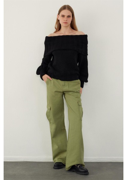 Siyah Madonna Yaka Kadın Balon Kol Triko Kazak Günlük Tarzda fiyatları