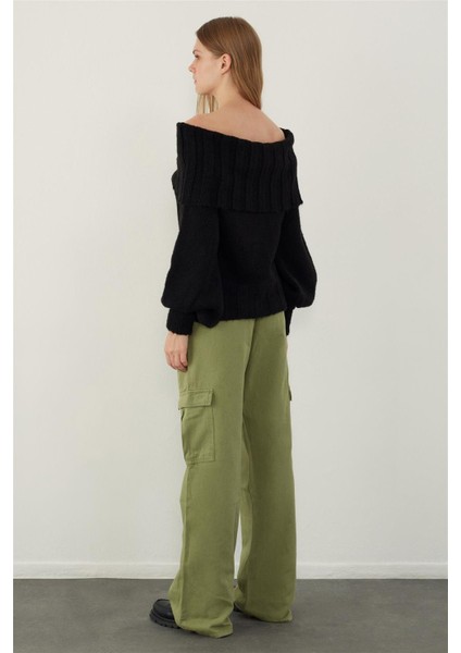 Siyah Madonna Yaka Kadın Balon Kol Triko Kazak Günlük Tarzda fırsatları